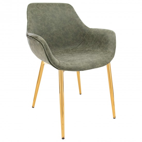 Markley Modern Leather Dining Arm Chair, Gold Metal Legs, Olive Green, ECG26G