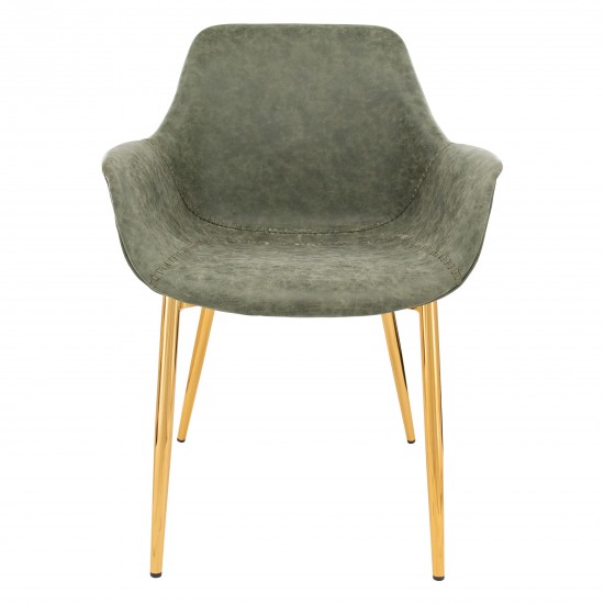 Markley Modern Leather Dining Arm Chair, Gold Metal Legs, Olive Green, ECG26G