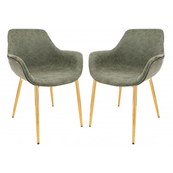 Modern Leather Dining Arm Chair, Gold Metal Legs Set of 2, Olive Green, ECG26G2