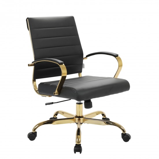 LeisureMod Benmar Home Leather Office Chair With Gold Frame, Black, BOG19BLL