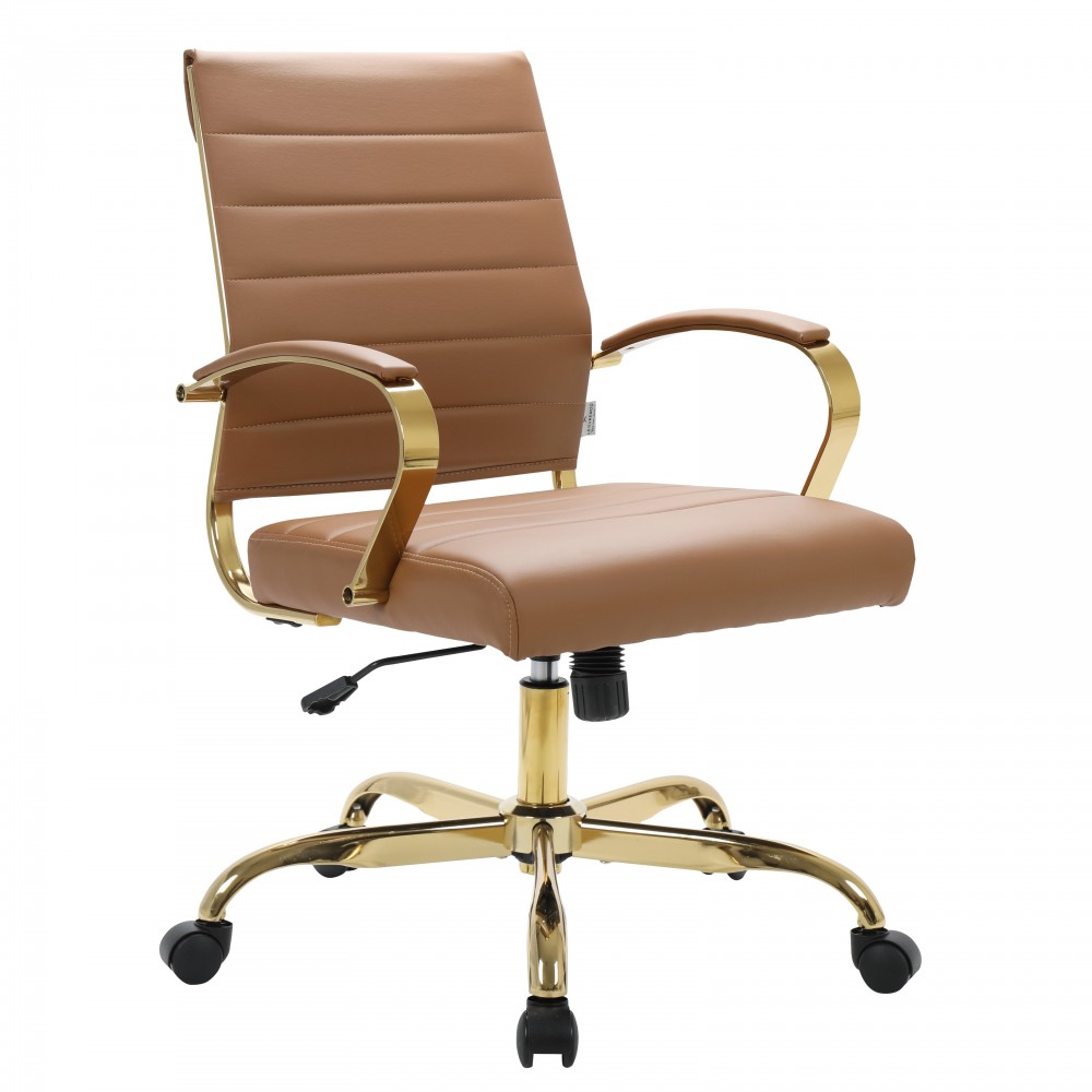 LeisureMod Benmar Home Leather Office Chair With Gold Frame, Brown, BOG19BRL