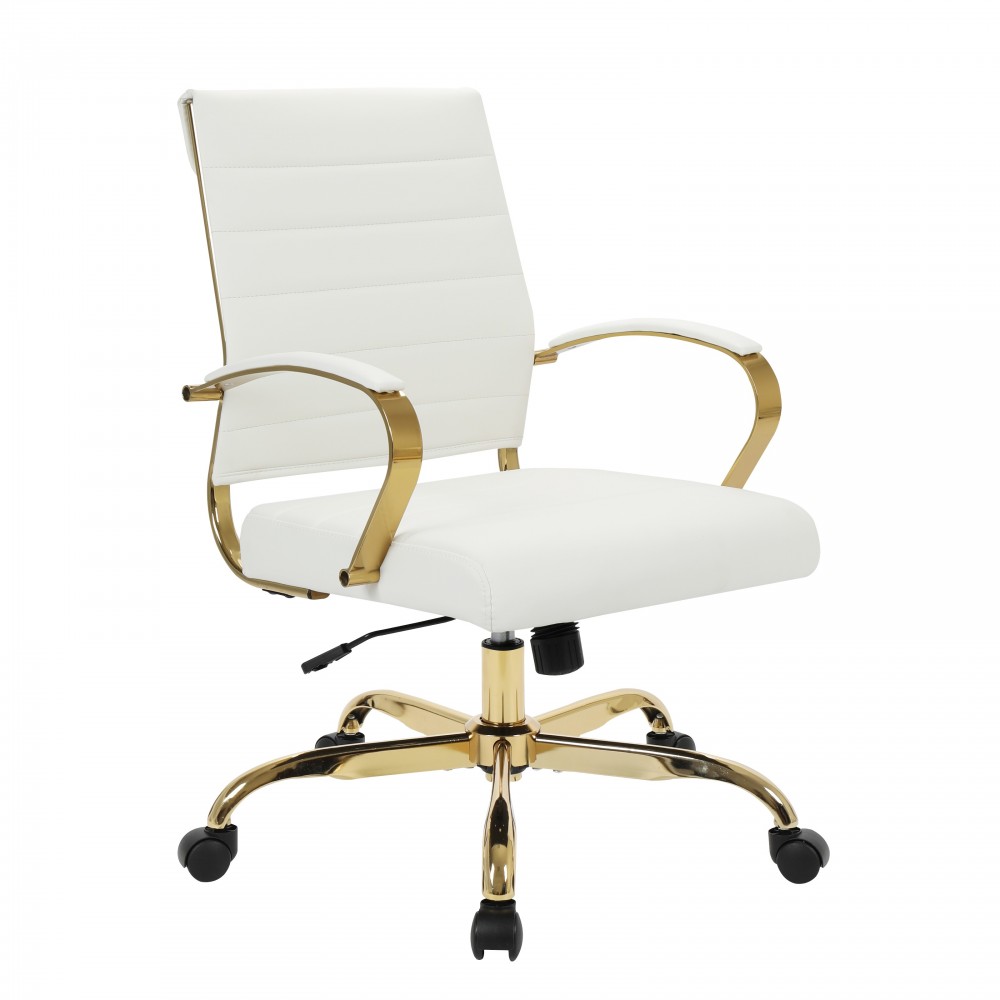 LeisureMod Benmar Home Leather Office Chair With Gold Frame, White, BOG19WL