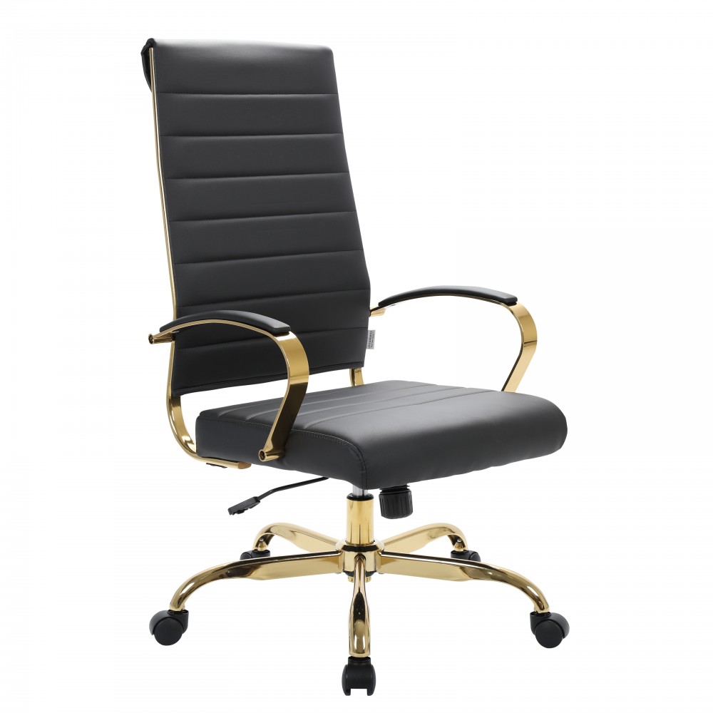 Benmar High-Back Leather Office Chair With Gold Frame, Black, BOTG19BLL