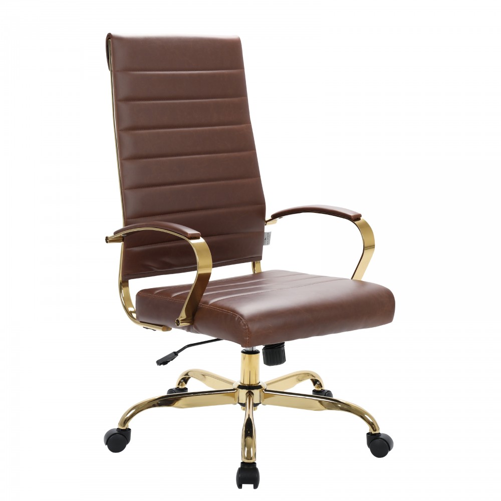 Benmar High-Back Leather Office Chair With Gold Frame, Brown, BOTG19BRL