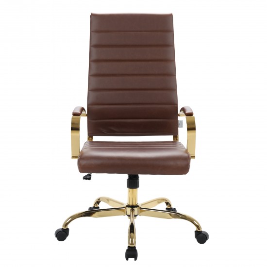 Benmar High-Back Leather Office Chair With Gold Frame, Brown, BOTG19BRL