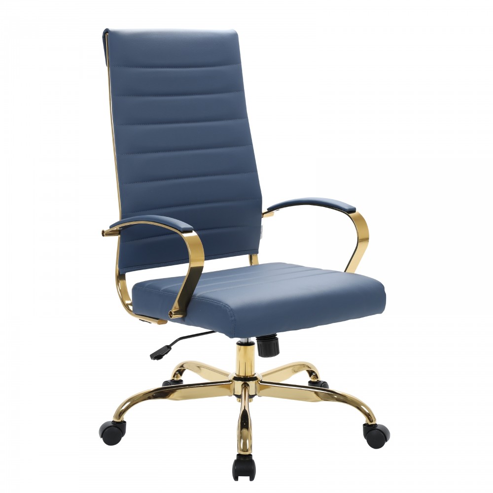 Benmar High-Back Leather Office Chair With Gold Frame, Navy Blue, BOTG19BUL