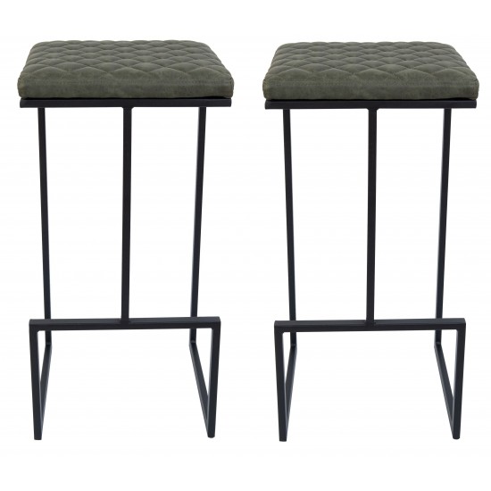 Millard Leather Bar Stool With Metal Frame Set of 2, Olive Green, MS36G2