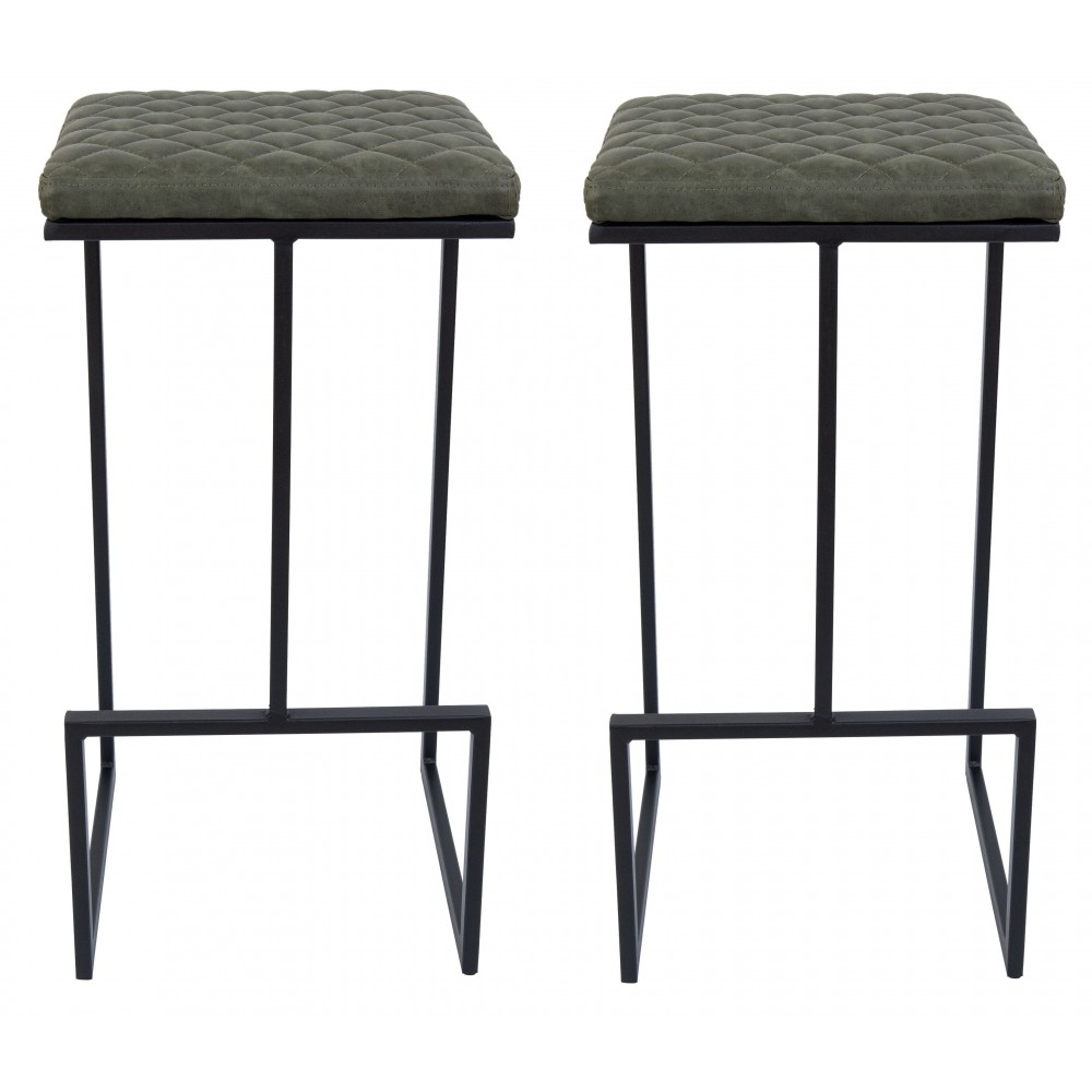 Millard Leather Bar Stool With Metal Frame Set of 2, Olive Green, MS36G2