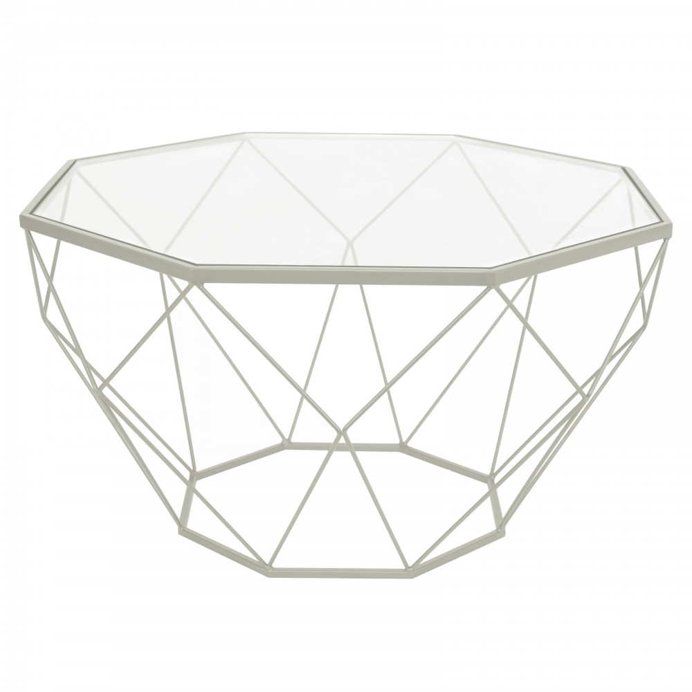 Malibu Large Modern Octagon Glass Top Coffee Table, Geometric Base, White, MD31W