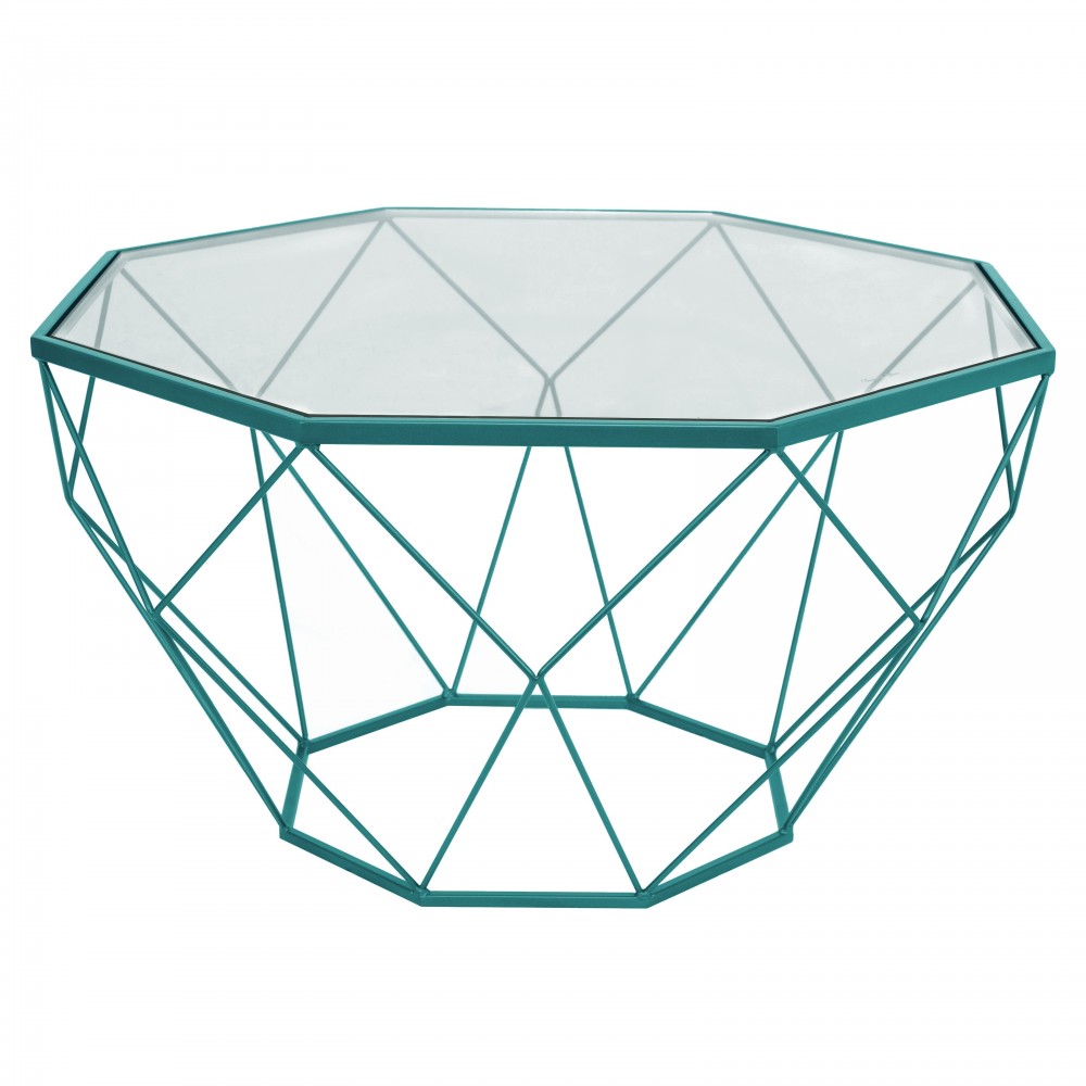 Malibu Large Modern Octagon Glass Top Coffee Table, Geometric Base, Blue, MD31BU