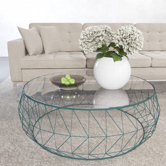 Malibu Modern Round Glass Top Coffee Table With Metal Base, Blue, MD39BU