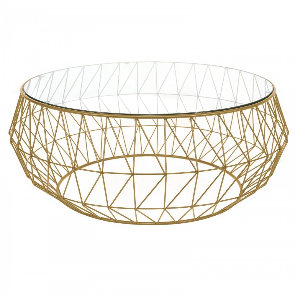 Malibu Modern Round Glass Top Coffee Table With Metal Base, Gold, MD39GG