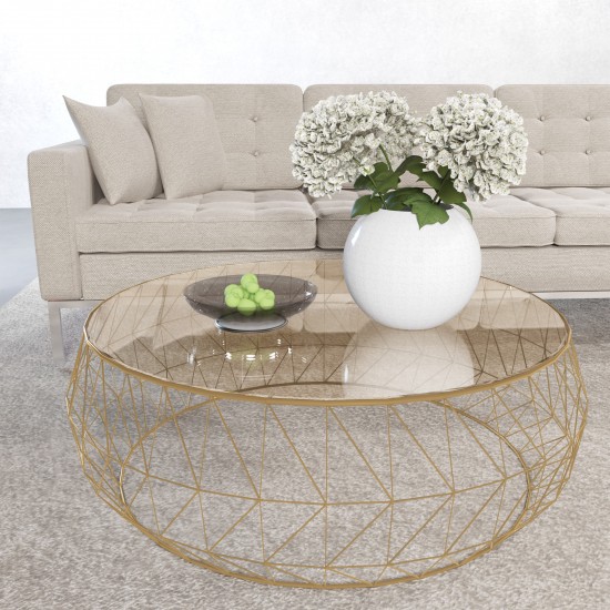 Malibu Modern Round Glass Top Coffee Table With Metal Base, Gold, MD39GG