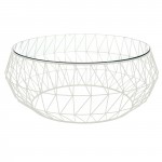 Malibu Modern Round Glass Top Coffee Table With Metal Base, White, MD39W