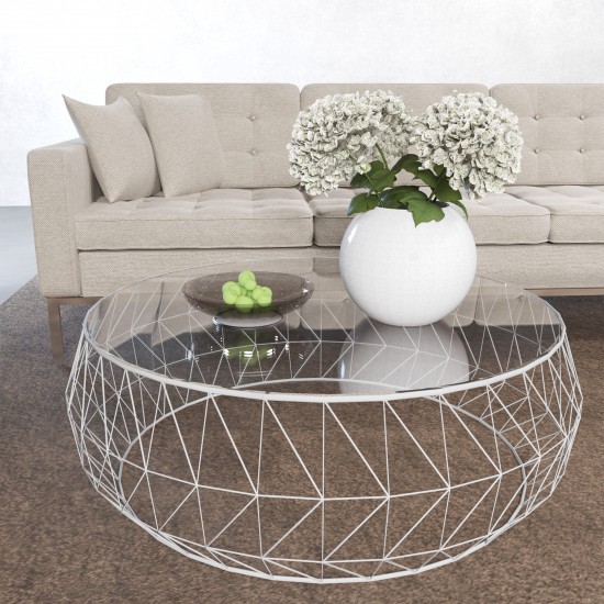 Malibu Modern Round Glass Top Coffee Table With Metal Base, White, MD39W