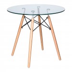 Round Bistro Glass Top Dining Table W/ Natural Wood Eiffel Base, Clear, EP31CLTR