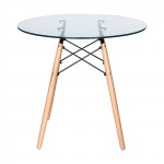 Round Bistro Glass Top Dining Table W/ Natural Wood Eiffel Base, Clear, EP31CLTR