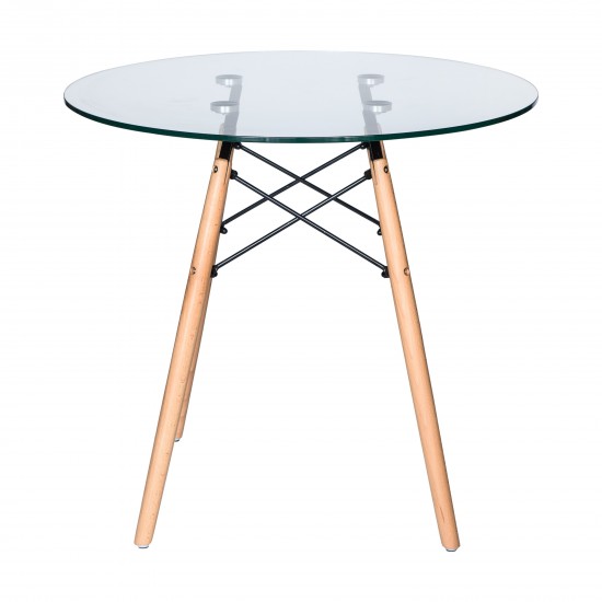 Round Bistro Glass Top Dining Table W/ Natural Wood Eiffel Base, Clear, EP31CLTR