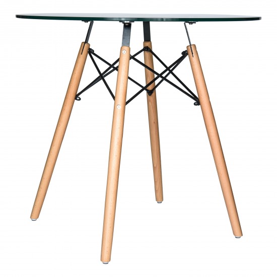 Round Bistro Glass Top Dining Table W/ Natural Wood Eiffel Base, Clear, EP31CLTR