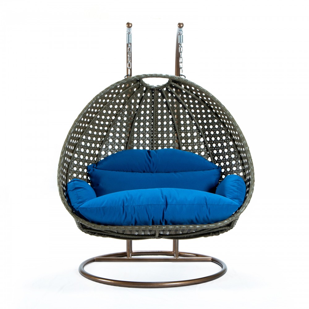 LeisureMod Beige Wicker Hanging 2 person Egg Swing Chair, Blue, ESCBG-57BU