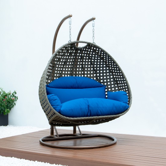 LeisureMod Beige Wicker Hanging 2 person Egg Swing Chair, Blue, ESCBG-57BU