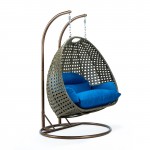 LeisureMod Beige Wicker Hanging 2 person Egg Swing Chair, Blue, ESCBG-57BU