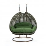 LeisureMod Beige Wicker Hanging 2 person Egg Swing Chair, Dark Green, ESCBG-57DG