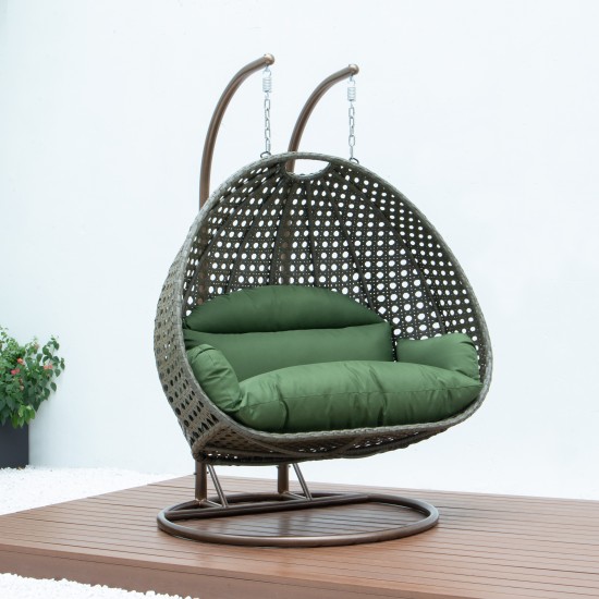 LeisureMod Beige Wicker Hanging 2 person Egg Swing Chair, Dark Green, ESCBG-57DG