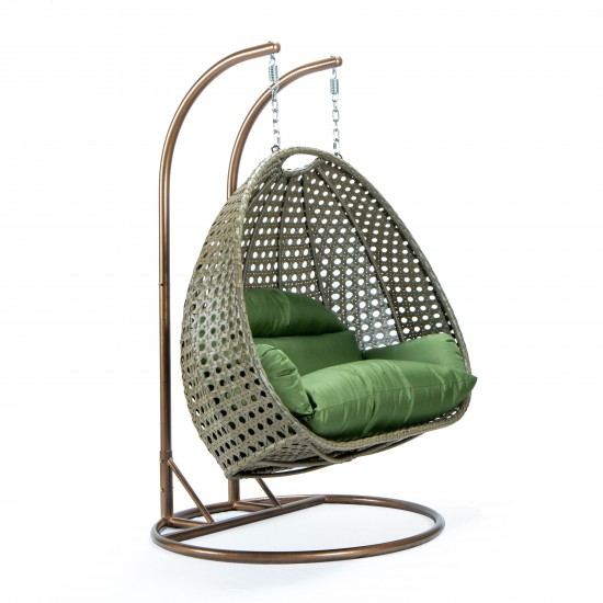 LeisureMod Beige Wicker Hanging 2 person Egg Swing Chair, Dark Green, ESCBG-57DG