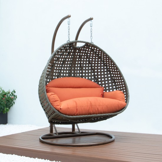 LeisureMod Beige Wicker Hanging 2 person Egg Swing Chair, Orange, ESCBG-57OR