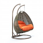 LeisureMod Beige Wicker Hanging 2 person Egg Swing Chair, Orange, ESCBG-57OR