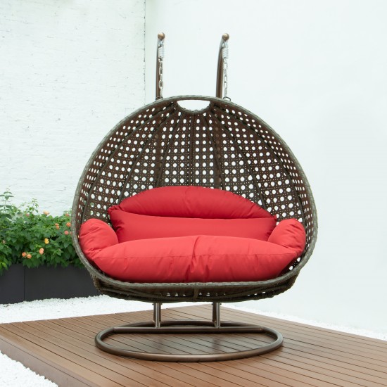 LeisureMod Beige Wicker Hanging 2 person Egg Swing Chair, Red, ESCBG-57R