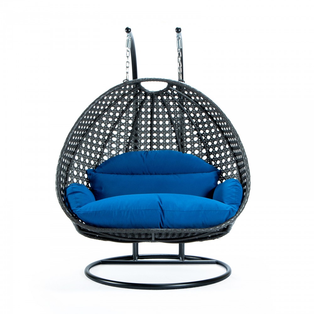 LeisureMod Charcoal Wicker Hanging 2 person Egg Swing Chair, Blue, ESCCH-57BU