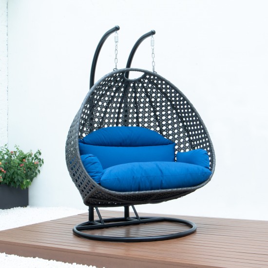 LeisureMod Charcoal Wicker Hanging 2 person Egg Swing Chair, Blue, ESCCH-57BU