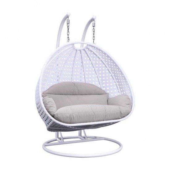 White Wicker Hanging 2 person Egg Swing Chair, White / Taupe, ESC57WBG
