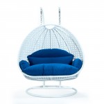 LeisureMod White Wicker Hanging 2 person Egg Swing Chair, Blue, ESCW-57BU