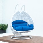 LeisureMod White Wicker Hanging 2 person Egg Swing Chair, Blue, ESCW-57BU