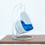 LeisureMod White Wicker Hanging 2 person Egg Swing Chair, Blue, ESCW-57BU