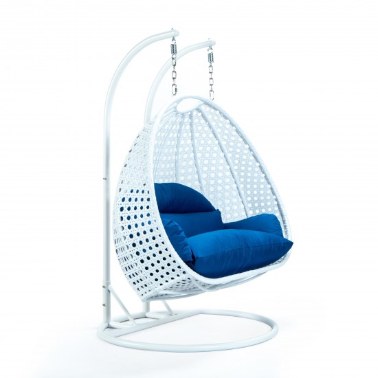 LeisureMod White Wicker Hanging 2 person Egg Swing Chair, Blue, ESCW-57BU