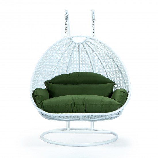 LeisureMod White Wicker Hanging 2 person Egg Swing Chair, Dark Green, ESCW-57DG