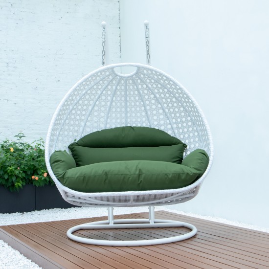 LeisureMod White Wicker Hanging 2 person Egg Swing Chair, Dark Green, ESCW-57DG