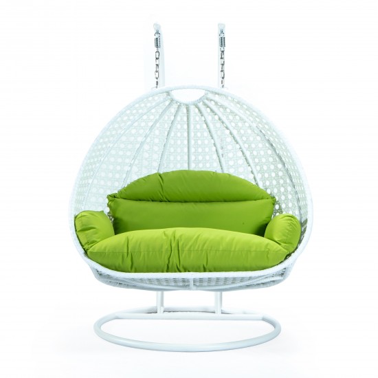 LeisureMod White Wicker Hanging 2 person Egg Swing Chair, Light Green, ESCW-57LG