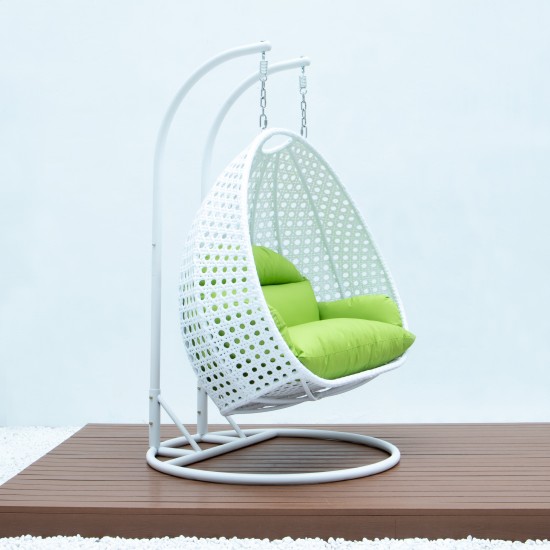 LeisureMod White Wicker Hanging 2 person Egg Swing Chair, Light Green, ESCW-57LG