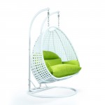 LeisureMod White Wicker Hanging 2 person Egg Swing Chair, Light Green, ESCW-57LG