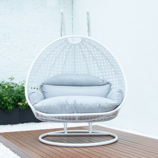 LeisureMod White Wicker Hanging 2 person Egg Swing Chair, Light Grey, ESCW-57LGR