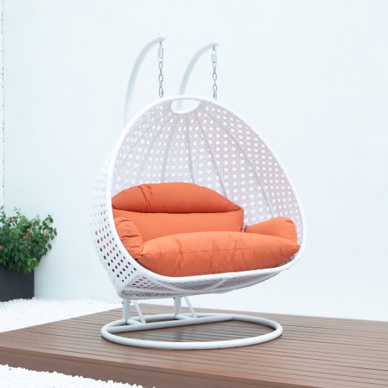 LeisureMod White Wicker Hanging 2 person Egg Swing Chair, Orange, ESCW-57OR