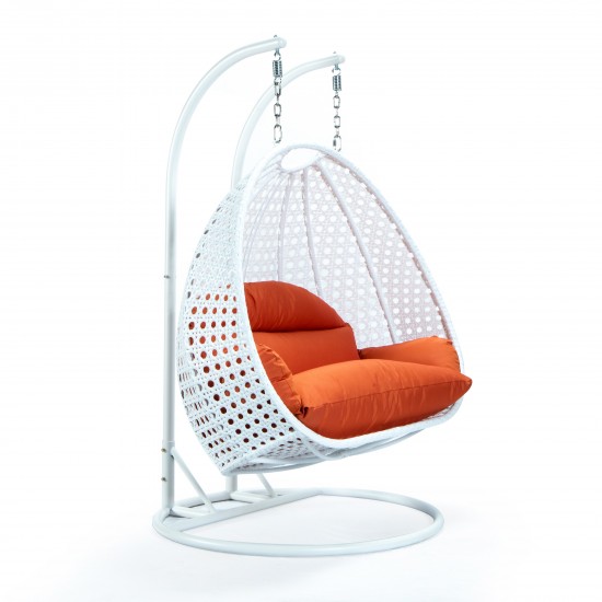 LeisureMod White Wicker Hanging 2 person Egg Swing Chair, Orange, ESCW-57OR