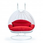 LeisureMod White Wicker Hanging 2 person Egg Swing Chair, Red, ESCW-57R