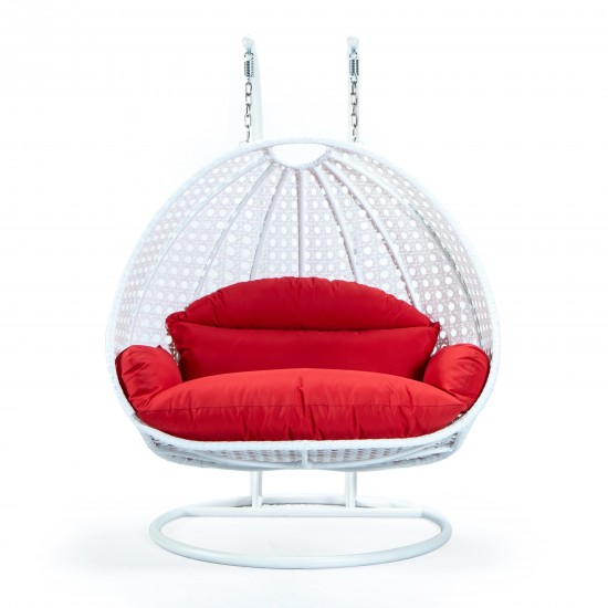 LeisureMod White Wicker Hanging 2 person Egg Swing Chair, Red, ESCW-57R