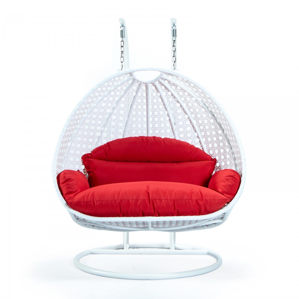 LeisureMod White Wicker Hanging 2 person Egg Swing Chair, Red, ESCW-57R